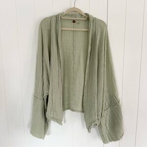 Free People Sage Green Raw Edge Open Cardigan Beach Coverup 3/4 sleeves